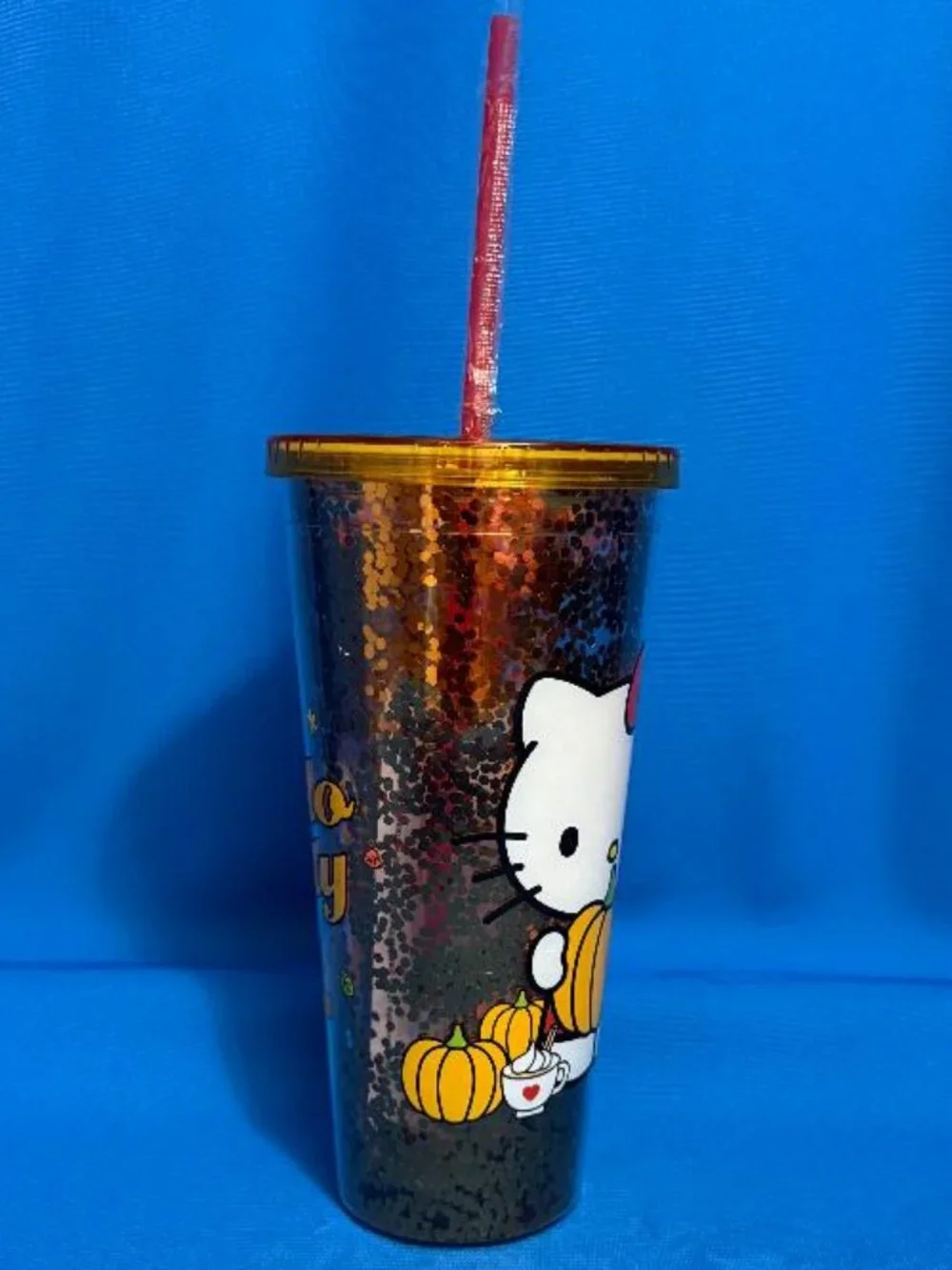 NEW HELLO KITTY PUMPKIN SPICE & PUMPKINS DOUBLE WALLED SEQUIN 32 OZ TUMBLER CUP